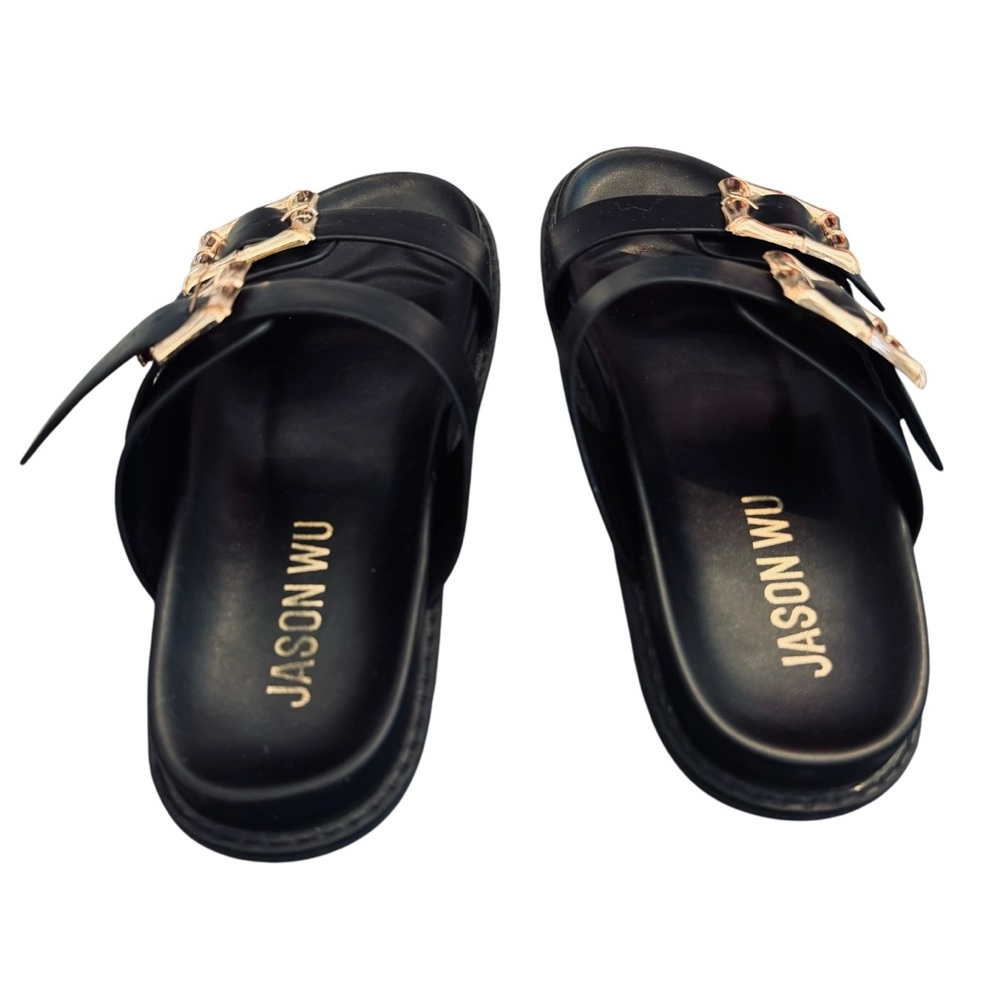 Jason Wu Black & Gold Marzan Slide Sandals with Gold Buckles - Picture 9 of 15
